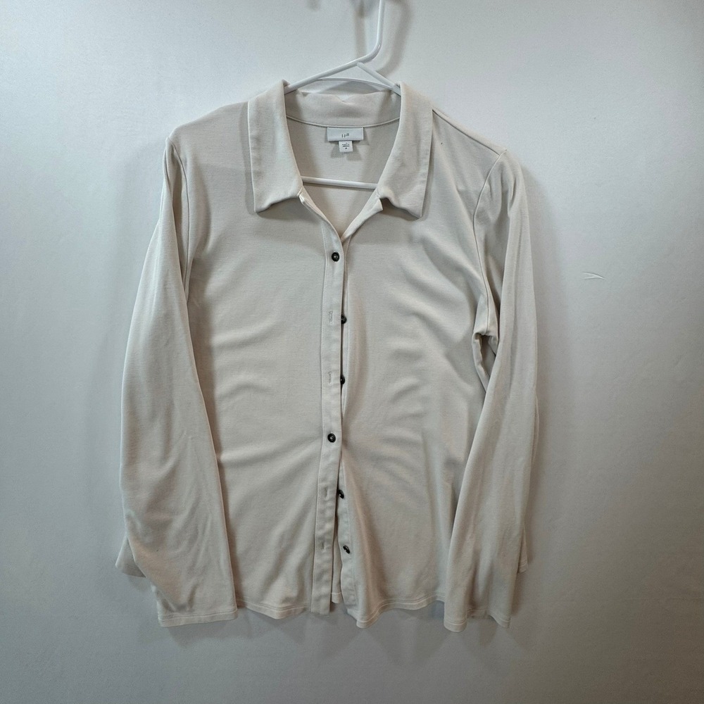 J Jill Womens Med Cream Long Sleeve Button Down Knit Shirt Rayon Blend KTP274011